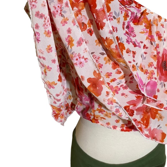 Floral Print One Shoulder Ruffle Trim Top - Picture 6 of 15